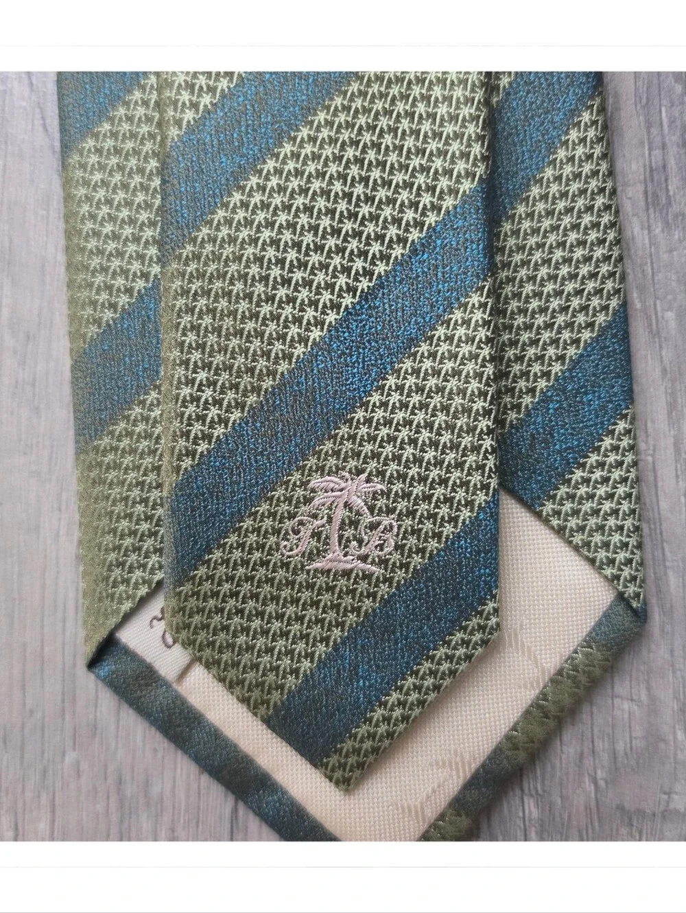 Tommy Bahama Hand‑Sewn Silk Tie Palm Tree Jacquard Olive Blue Stripe Luxury
